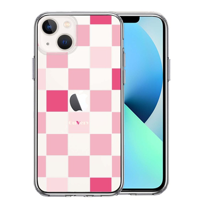 iPhone13mini ケース クリアCuVery ブロック チェック ピンク スマホケース 側面ソフト 背面ハード ハイブリッド-0
