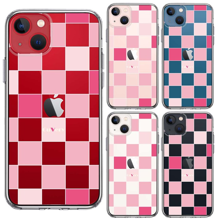 iPhone13mini ケース クリアCuVery ブロック チェック ピンク スマホケース 側面ソフト 背面ハード ハイブリッド-1