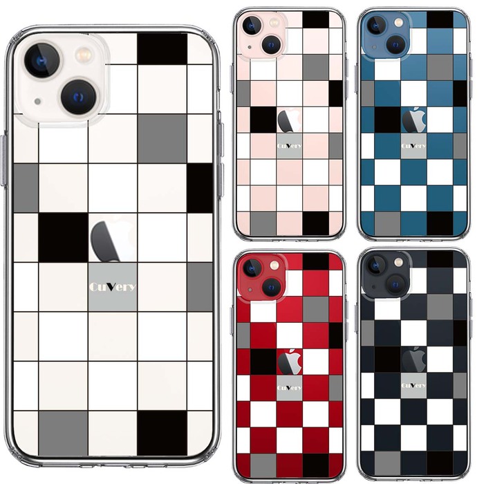 iPhone13mini ケース クリアブロック チェック 白 黒 スマホケース 側面ソフト 背面ハード ハイブリッド-1