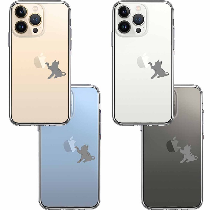iPhone13Pro ケース クリア  にゃんこ ねこ 猫 どら猫 リンゴきになる スマホケース 側面ソフト 背面ハード ハイブリッド-1