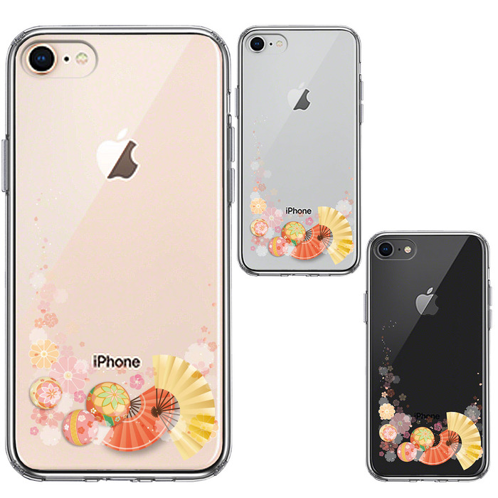iPhone8 ケース クリア 和柄 扇 毬 花柄 スマホケース 側(cè)面ソフト 背面ハード ハイブリッド-1