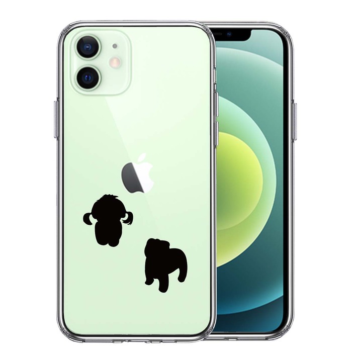 iPhone12 ケース クリア 子犬シルエット パピー ブラック スマホケース 側面ソフト 背面ハード ハイブリッド-0