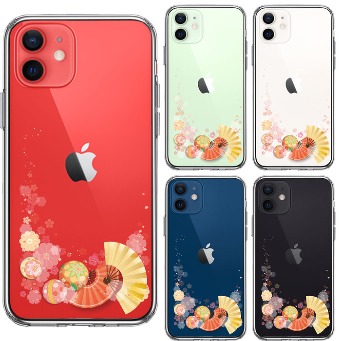 iPhone12 ケース クリア 和柄 扇 毬 花柄 スマホケース 側面ソフト 背面ハード ハイブリッド-1