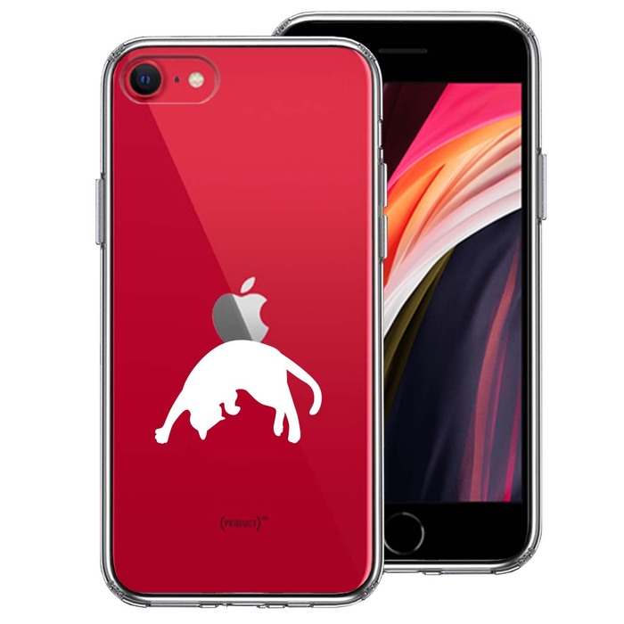 iPhoneSE ケース 第3世代 第2世代 クリア ねこ 猫 リンゴを乗せてみる 白 スマホケース 側面ソフト 背面ハード ハイブリッド-0