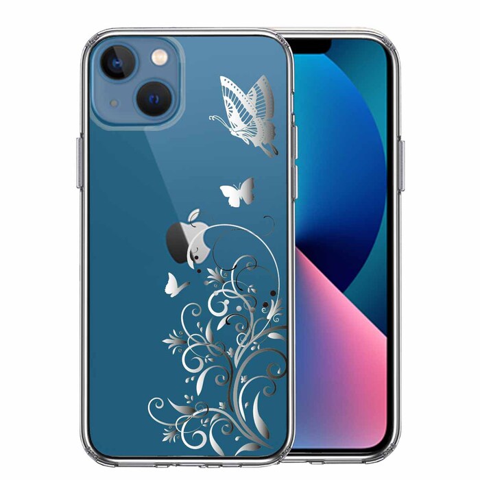 iPhone13mini ケース クリアフローラル ＆ バタフライ グレー スマホケース 側面ソフト 背面ハード ハイブリッド-0