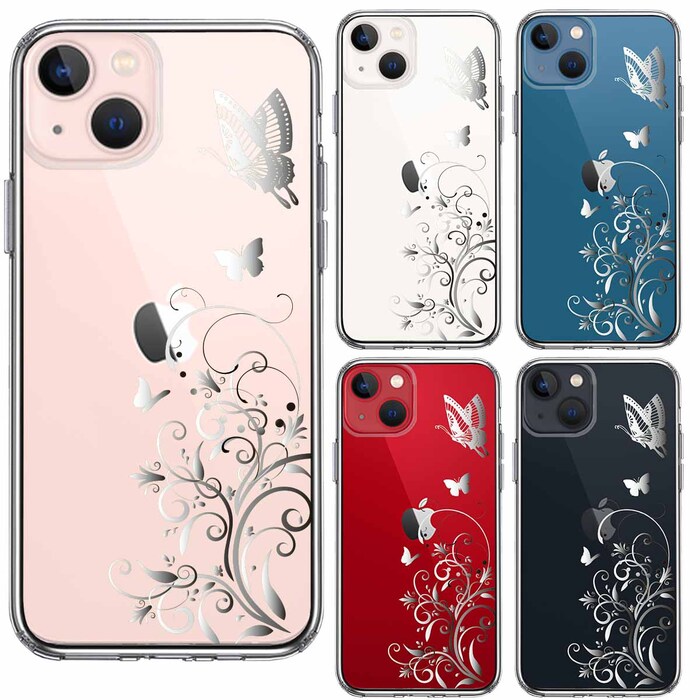 iPhone13mini ケース クリアフローラル ＆ バタフライ グレー スマホケース 側面ソフト 背面ハード ハイブリッド-1