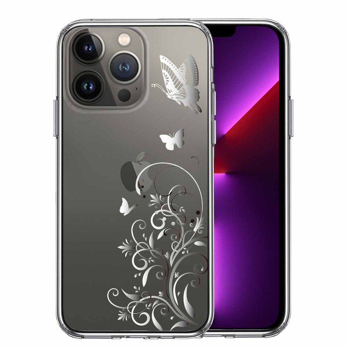 iPhone13Pro ケース クリアフローラル & バタフライ グレー スマホケース 側面ソフト 背面ハード ハイブリッド-0