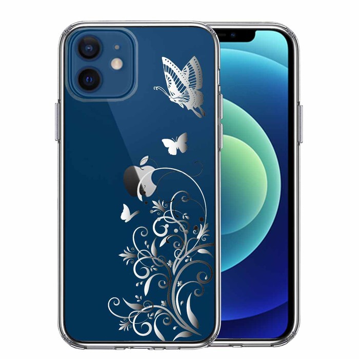 iPhone12 ケース クリア フローラル ＆ バタフライ グレー スマホケース 側面ソフト 背面ハード ハイブリッド-0