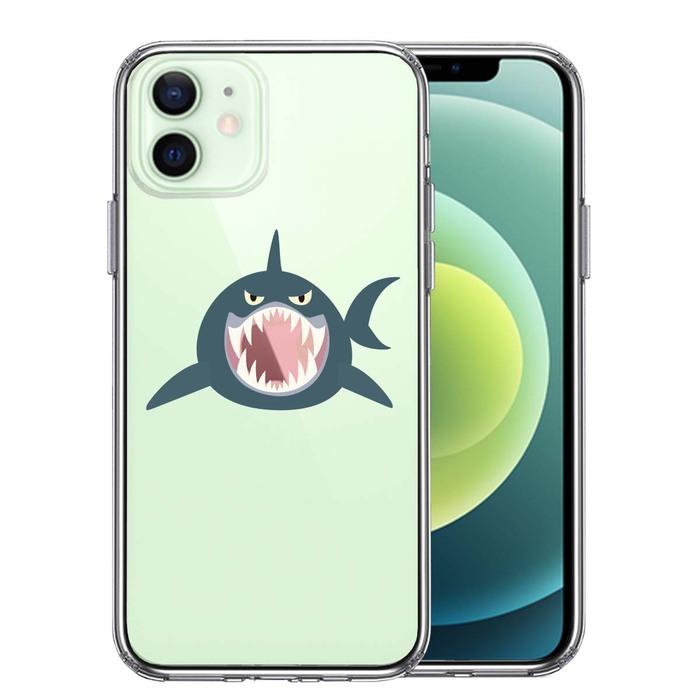 iPhone12 ケース クリア サメ リンゴ飲み込む スマホケース 側面ソフト 背面ハード ハイブリッド-0