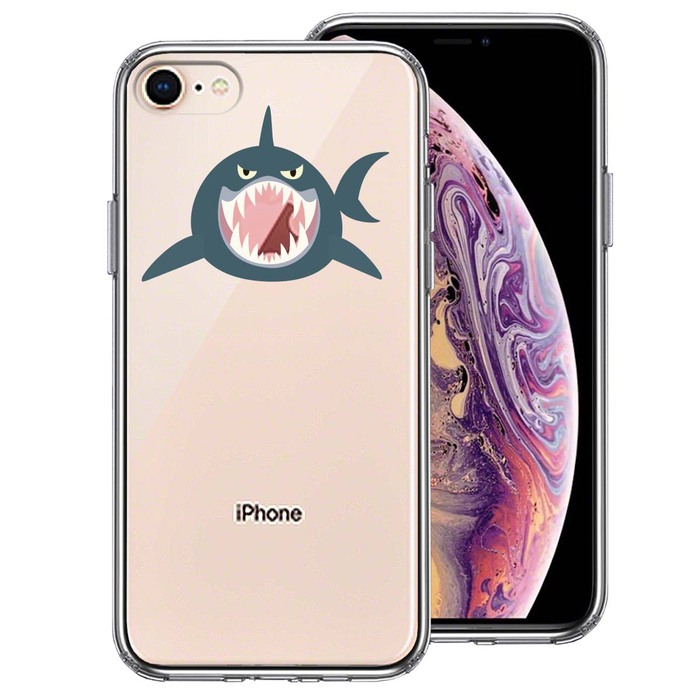 iPhone8 ケース クリア サメ リンゴ飲み込む スマホケース 側面ソフト 背面ハード ハイブリッド-0