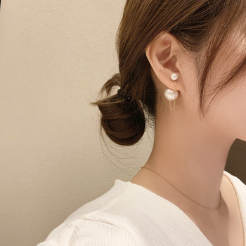 チェーンピアス2wayレディース フェイクパール ロングピアス 揺れる-4