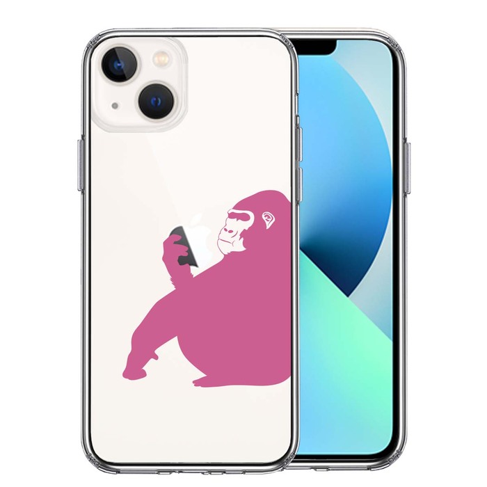 iPhone13 ケース クリア  ゴリラ ピンク スマホケース 側面ソフト 背面ハード ハイブリッド-0