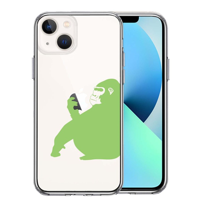iPhone13 ケース クリア  ゴリラ ライトグリーン 薄緑 スマホケース 側面ソフト 背面ハード ハイブリッド-0