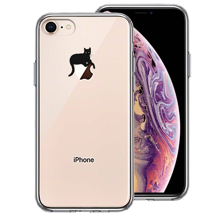 iPhone8 ケース クリア 猫 りんごペチペチ スマホケース 側面ソフト 背面ハード ハイブリッド-0
