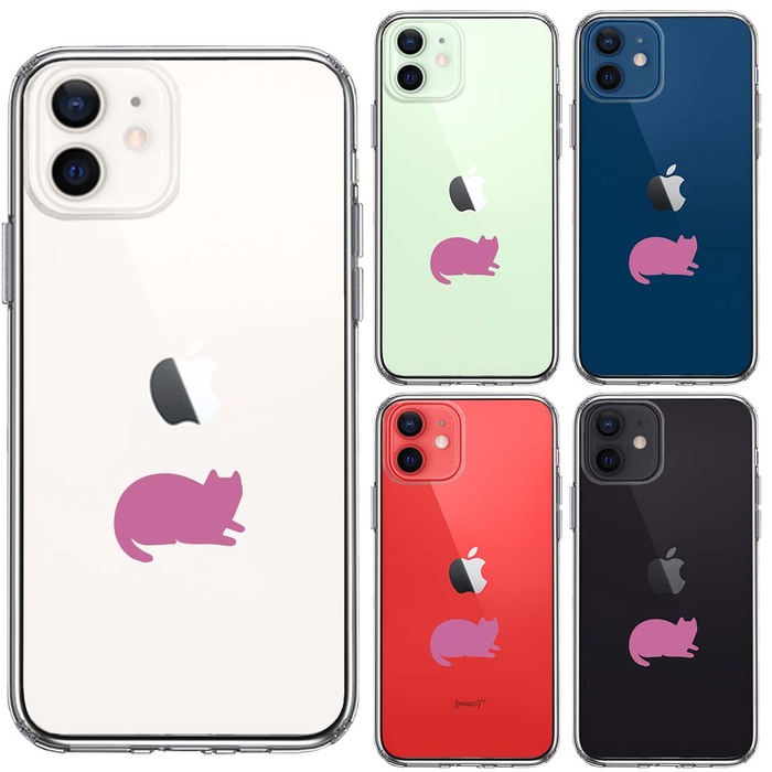 iPhone12mini ケース クリア にゃんこ 伏せ ピンク スマホケース 側面ソフト 背面ハード ハイブリッド-1