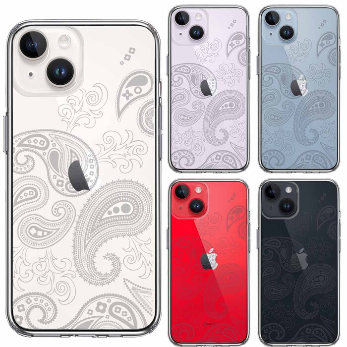 iPhone14 ケース クリア ペイズリー 柄 ライトグレイ スマホケース 側面ソフト 背面ハード ハイブリッド-1