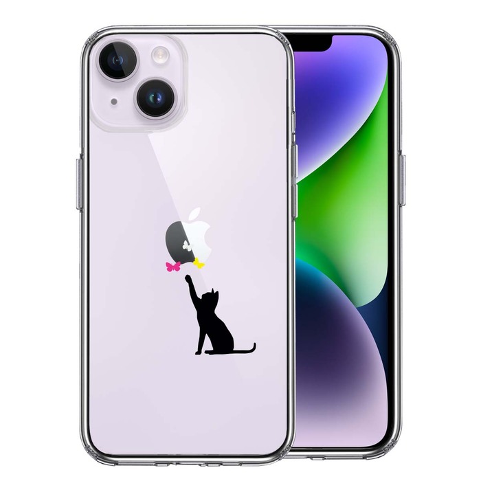 iPhone14 ケース クリア 猫 CAT ねこ 蝶々 ブラック スマホケース 側面ソフト 背面ハード ハイブリッド-0