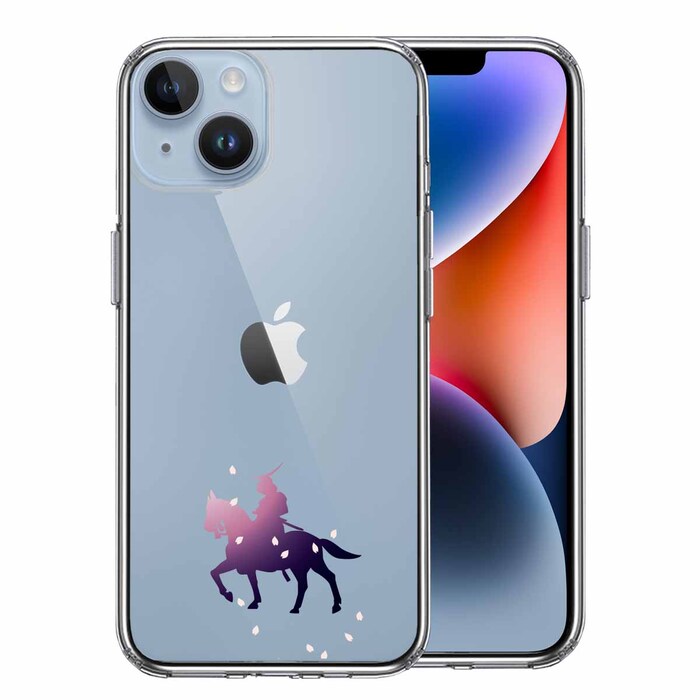 iPhone14Plus ケース クリア騎乗侍と桜 スマホケース 側面ソフト 背面ハード ハイブリッド-0