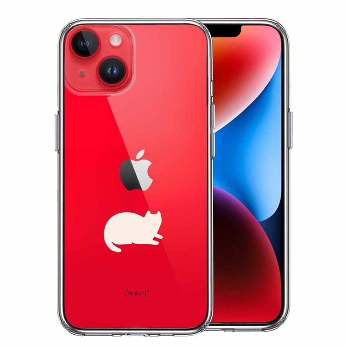iPhone14Plus ケース クリアにゃんこ 伏せ ホワイト スマホケース 側面ソフト 背面ハード ハイブリッド-0