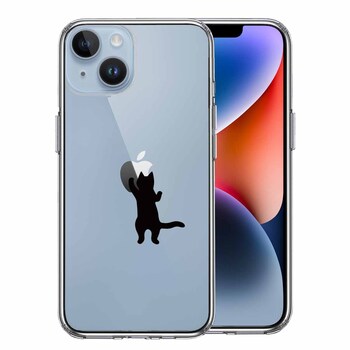iPhone14Plus ケース クリアにゃんこ りんご さわさわ 黒 スマホケース 側面ソフト 背面ハード ハイブリッド-0