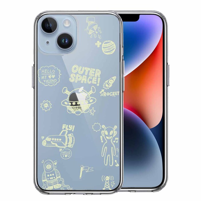 iPhone14Plus ケース クリアUFO 宇宙人 グリーン スマホケース 側面ソフト 背面ハード ハイブリッド-0