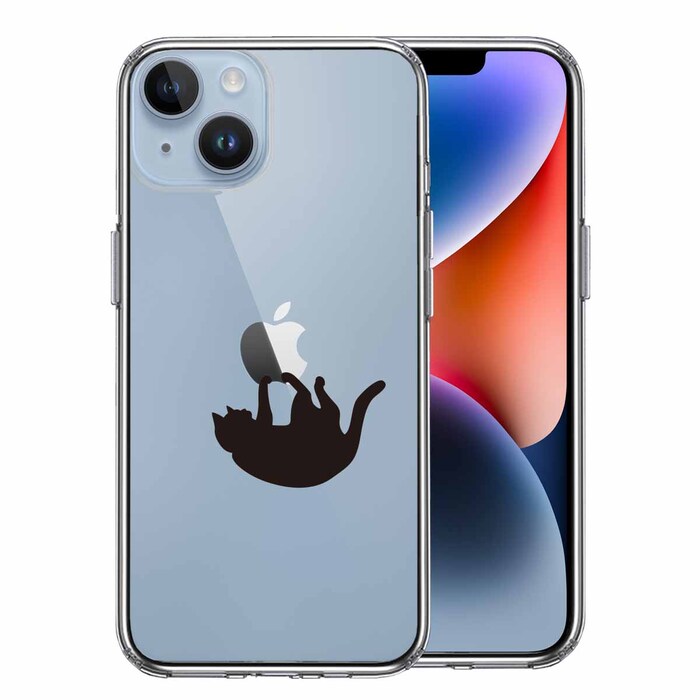 iPhone14Plus ケース クリアぶらさがりネコ スマホケース 側面ソフト 背面ハード ハイブリッド-0