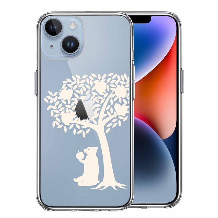iPhone14Plus ケース クリアリンゴ食べるクマ ホワイト スマホケース 側面ソフト 背面ハード ハイブリッド-0