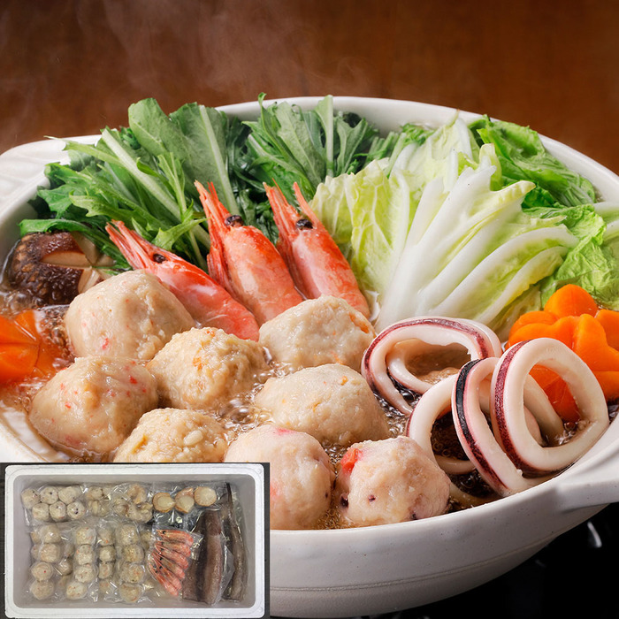 北海道 海鮮つみれ鍋 Fかに入×12 えび入×12 とりごぼう×12 たこ入×12 海老×6 帆立×3 いか×2 つぶ×2袋 冷凍うどん×1 二重包装可-0