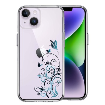 iPhone14Plus ケース クリアフローラル バタフライ ブルー スマホケース 側面ソフト 背面ハード ハイブリッド-0