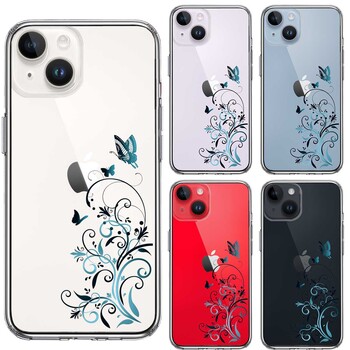 iPhone14Plus ケース クリアフローラル バタフライ ブルー スマホケース 側面ソフト 背面ハード ハイブリッド-1