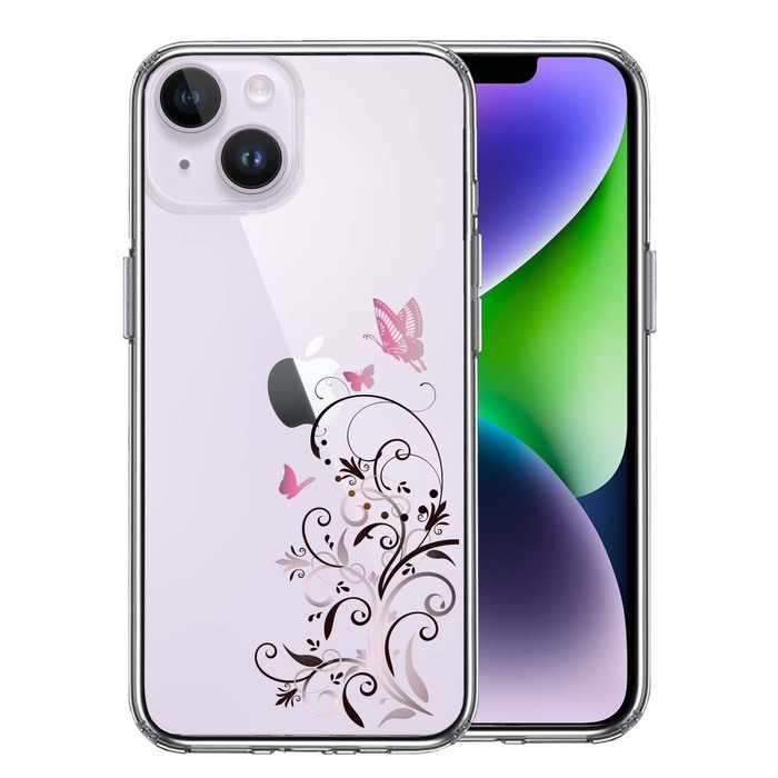 iPhone14Plus ケース クリアフローラル バタフライ ピンク スマホケース 側面ソフト 背面ハード ハイブリッド-0