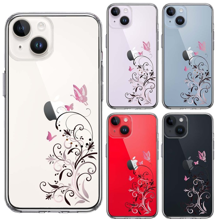 iPhone14Plus ケース クリアフローラル バタフライ ピンク スマホケース 側面ソフト 背面ハード ハイブリッド-1