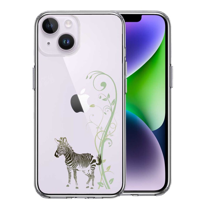 iPhone14 ケース クリア フローラル ゼブラ グリーン スマホケース 側面ソフト 背面ハード ハイブリッド-0