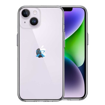 iPhone14Plus ケース クリア  ひげ メガネ 髭 眼鏡 スカイ ブルー スマホケース 側面ソフト 背面ハード ハイブリッド-0
