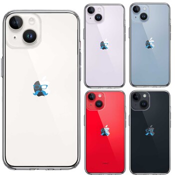 iPhone14Plus ケース クリアひげ メガネ 髭 眼鏡 スカイ ブルー スマホケース 側面ソフト 背面ハード ハイブリッド-1