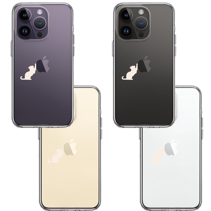 iPhone14Pro ケース クリア  猫 リンゴ キャッチ ホワイト スマホケース 側面ソフト 背面ハード ハイブリッド-1