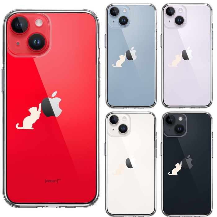 iPhone14Plus ケース クリア猫 リンゴ キャッチ ホワイト スマホケース 側面ソフト 背面ハード ハイブリッド-1
