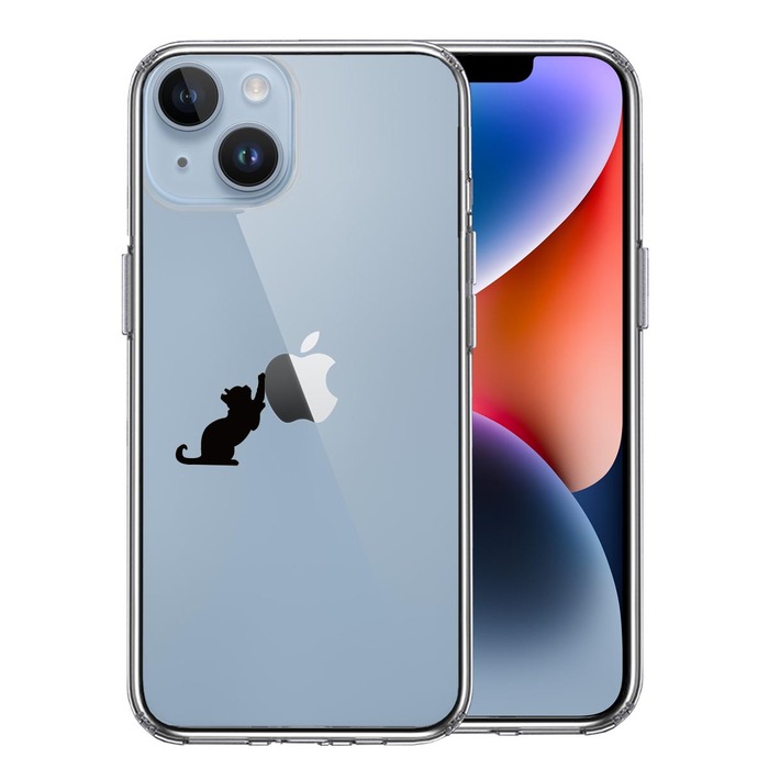 iPhone14Plus ケース クリア猫 リンゴ キャッチ スマホケース 側面ソフト 背面ハード ハイブリッド-0