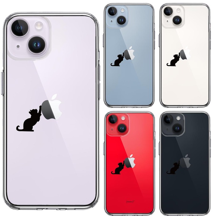 iPhone14Plus ケース クリア猫 リンゴ キャッチ スマホケース 側面ソフト 背面ハード ハイブリッド-1