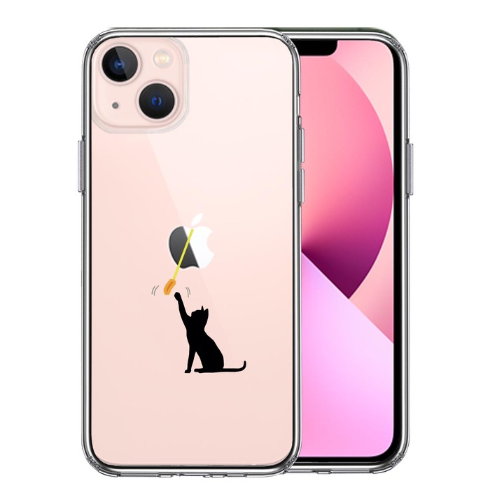 iPhone13mini ケース クリアにゃんこ 猫じゃらし スマホケース 側面ソフト 背面ハード ハイブリッド-0