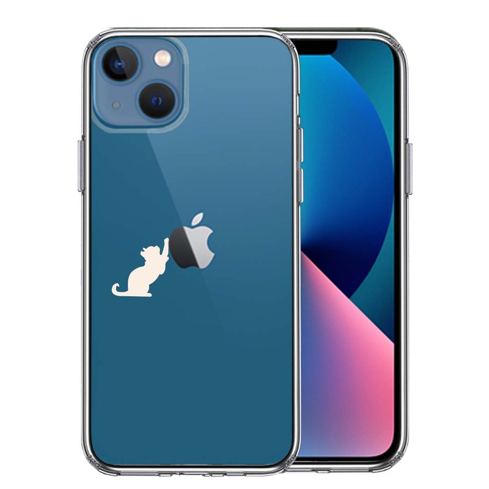 iPhone13 ケース クリア猫 リンゴ キャッチ ホワイト スマホケース 側面ソフト 背面ハード ハイブリッド-0