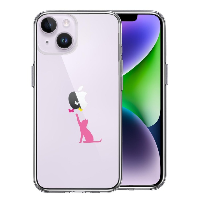 iPhone14 ケース クリア 猫 CAT ねこ にゃんこ 蝶々 ピンク スマホケース 側面ソフト 背面ハード ハイブリッド-0