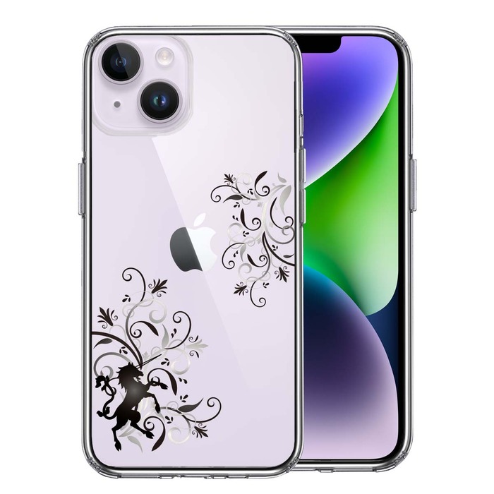 iPhone14Plus ケース クリア  フローラル ユニコーン グレー スマホケース 側面ソフト 背面ハード ハイブリッド-0