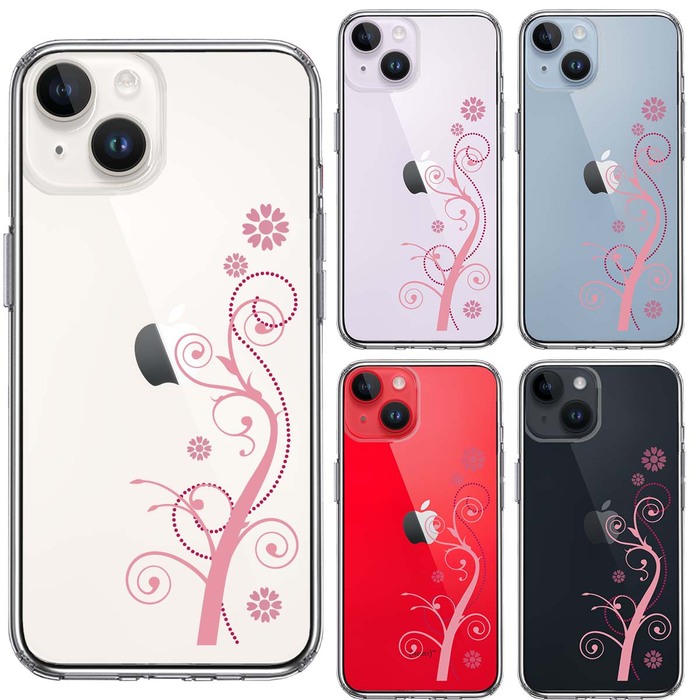 iPhone14Plus ケース クリアフローラル つる模様 ピンク スマホケース 側面ソフト 背面ハード ハイブリッド-1