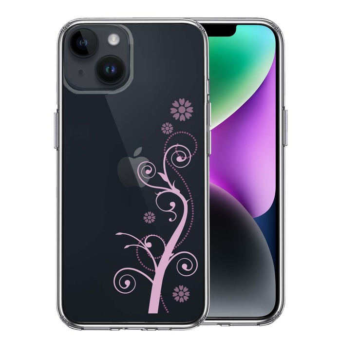 iPhone14 ケース クリア フローラル つる模様 パープル スマホケース 側面ソフト 背面ハード ハイブリッド-0