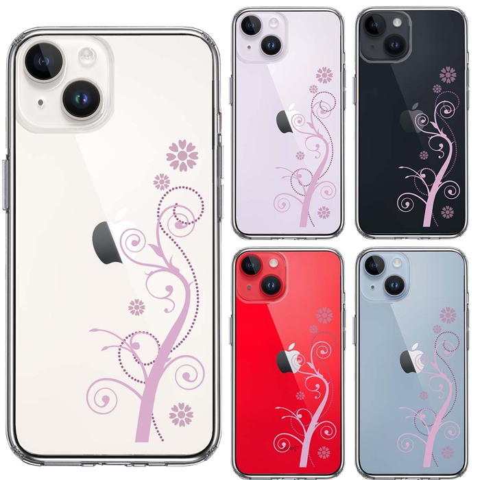 iPhone14 ケース クリア フローラル つる模様 パープル スマホケース 側面ソフト 背面ハード ハイブリッド-1