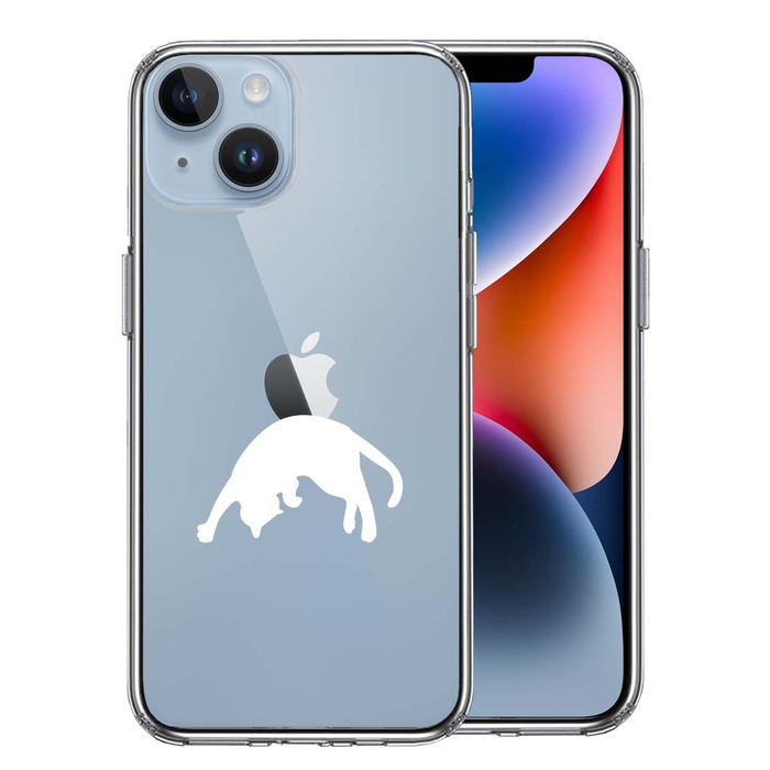 iPhone14Plus ケース クリア ねこ 猫 リンゴを乗せてみる ホワイト スマホケース 側面ソフト 背面ハード ハイブリッド-0
