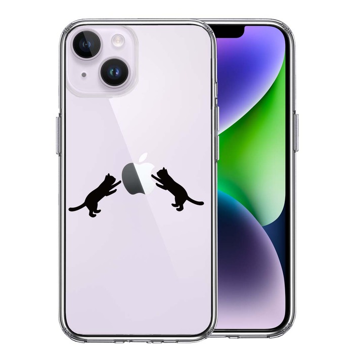 iPhone14Plus ケース クリア にゃんこ ねこ りんご 取り合い 黒 スマホケース 側面ソフト 背面ハード ハイブリッド-0