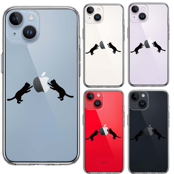 iPhone14Plus ケース クリア にゃんこ ねこ りんご 取り合い 黒 スマホケース 側面ソフト 背面ハード ハイブリッド-1