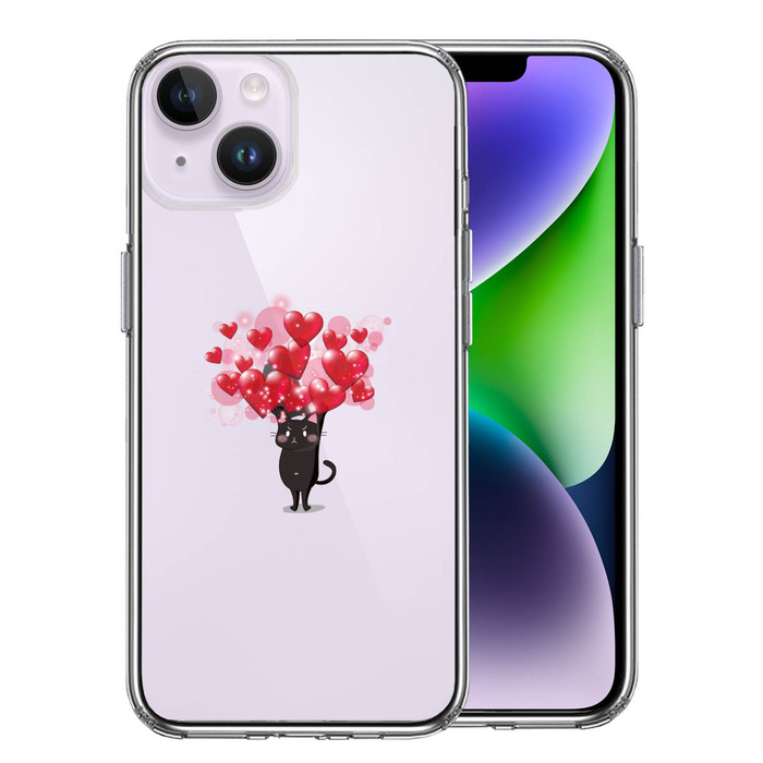 iPhone14 ケース クリア 猫 ネコ にゃんこ ハート 黒猫 2 スマホケース 側面ソフト 背面ハード ハイブリッド -0